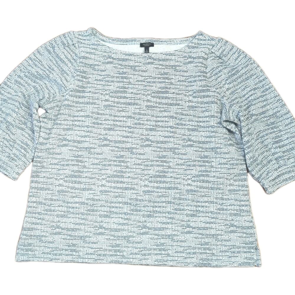 Talbots Blouse Womens Plus Petite 1X 1XWP 16WP Cream Blue Knit 3/4 Sleeve Top